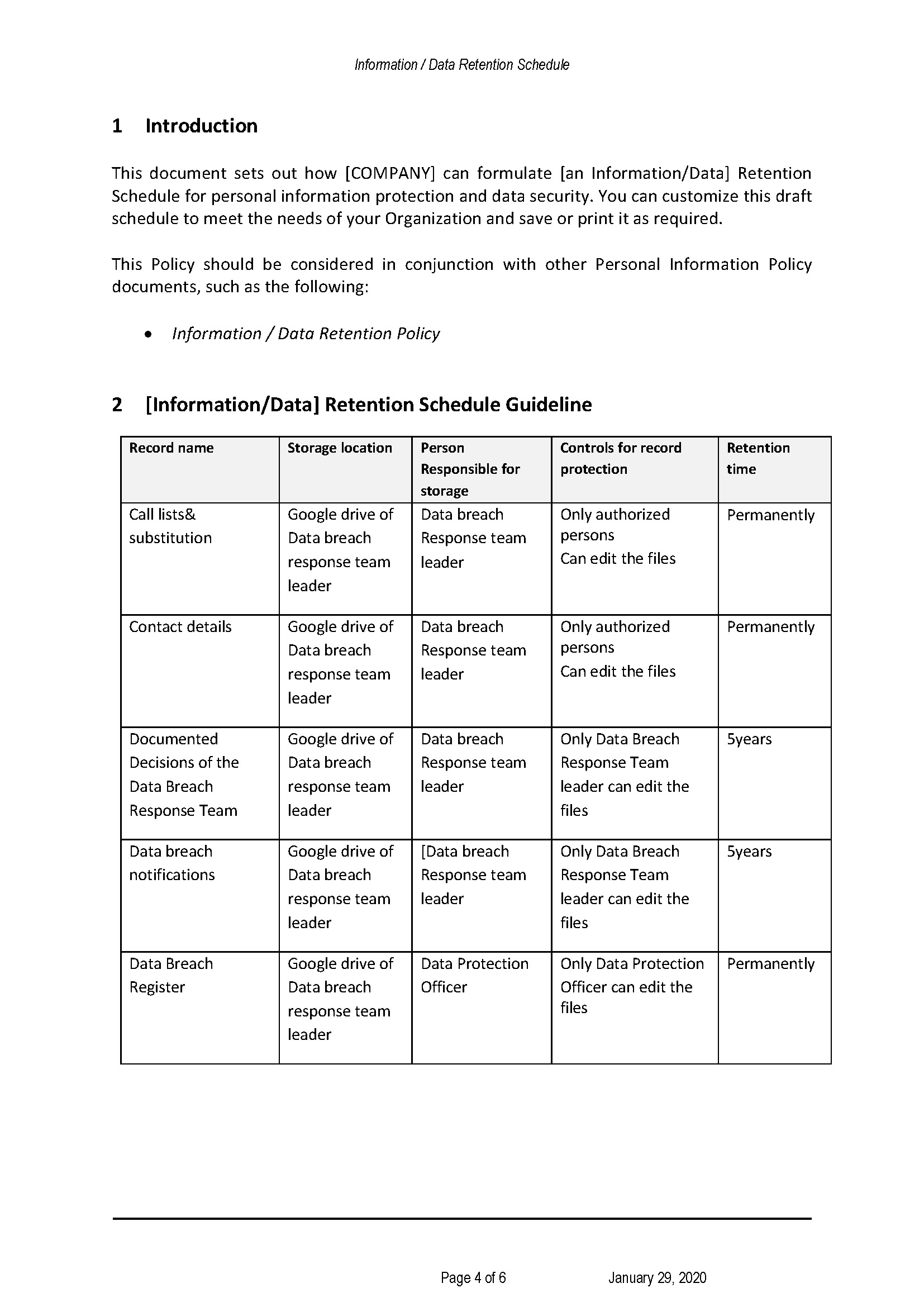 ccpa information retention schedule template
