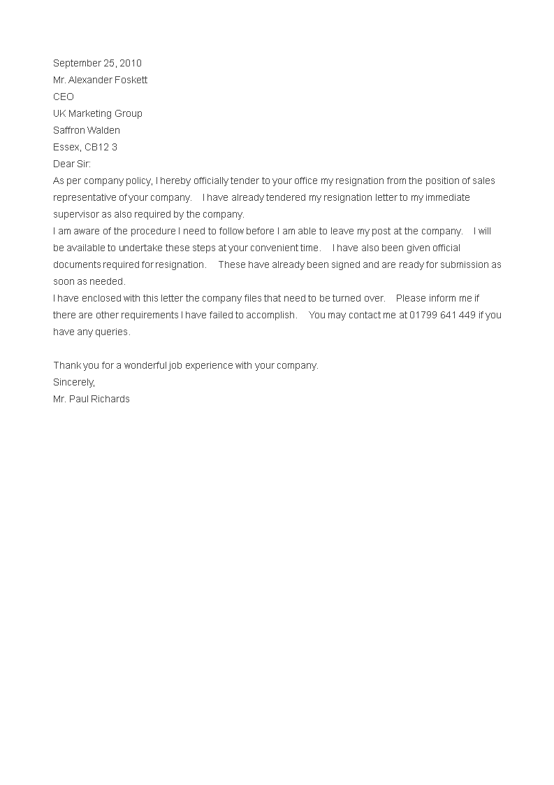 immediate resignation letter to hr template