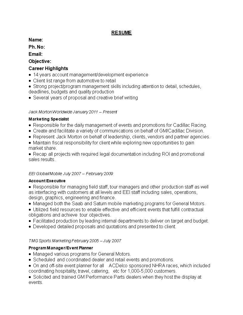 Retail Marketing Specialist Resume 模板