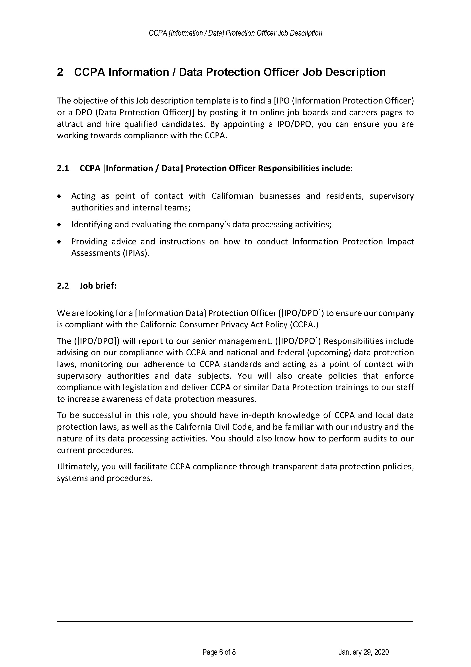 information protection officer job description template