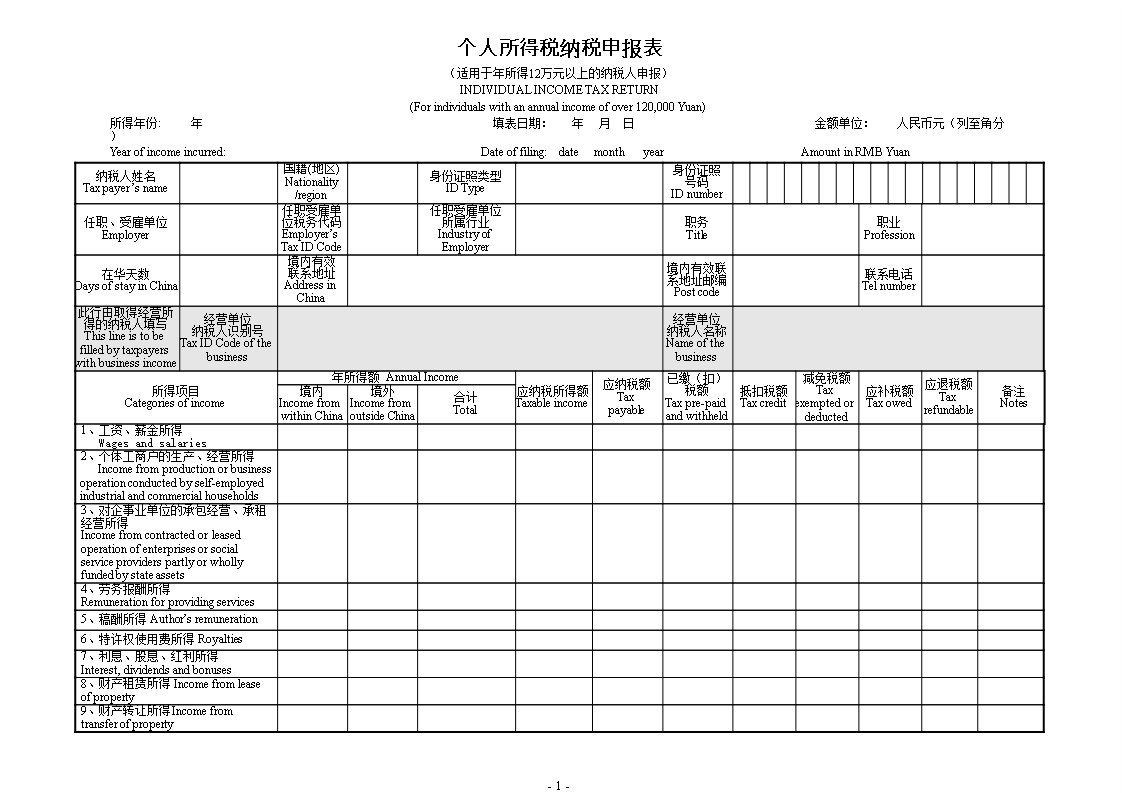 individual income tax return  个人所得税纳税申报表（12万以上人员） plantilla imagen principal