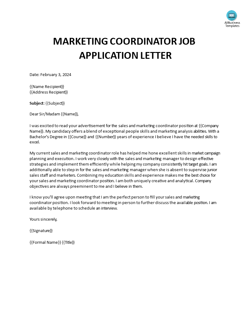 Marketing Coordinator Job Application Letter 模板