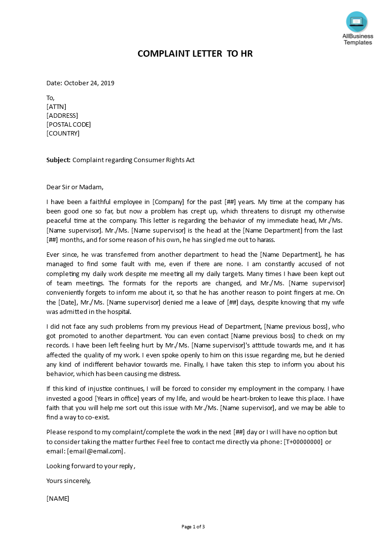 complaint letter about boss to hr department modèles