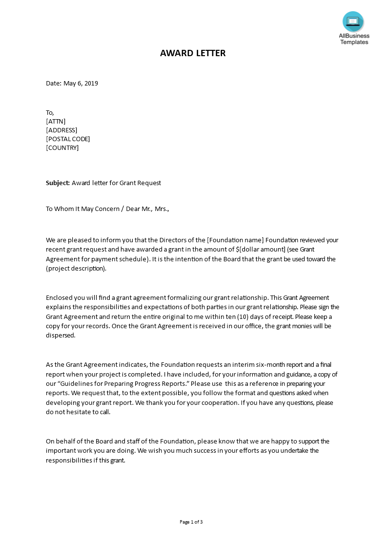 award letter for grant request Hauptschablonenbild