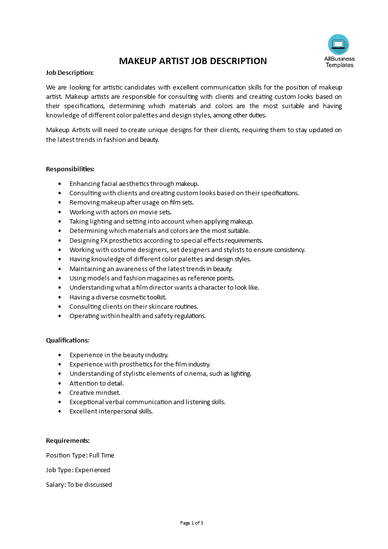 makeup artist job description template