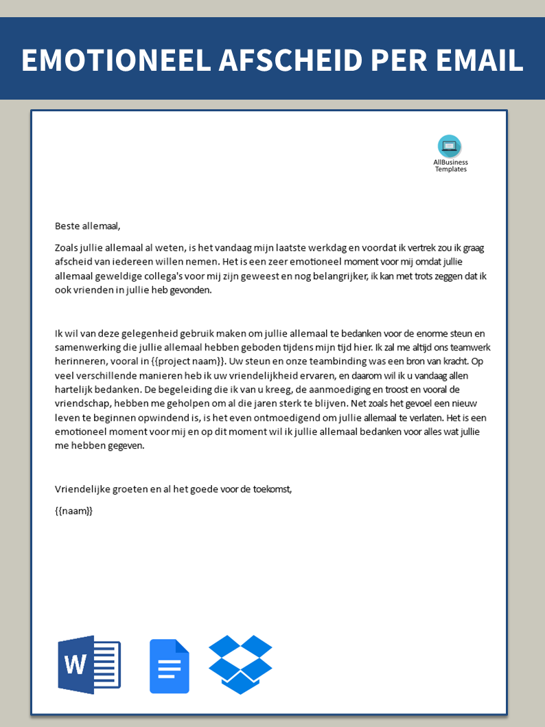 emotioneel afscheid email aan collega's template