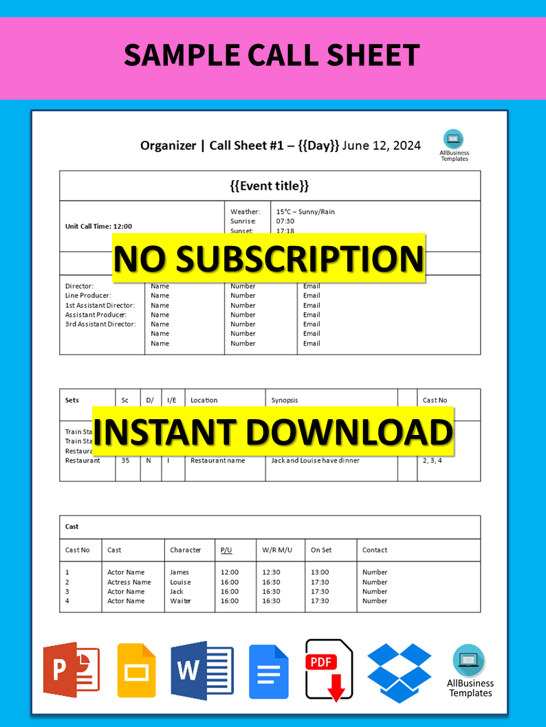 Sample Call Sheet main image