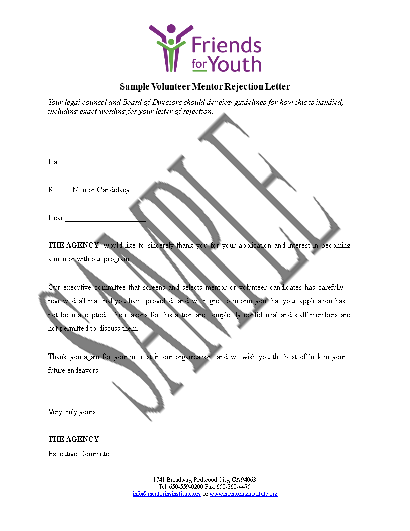 mentor volunteer rejection template