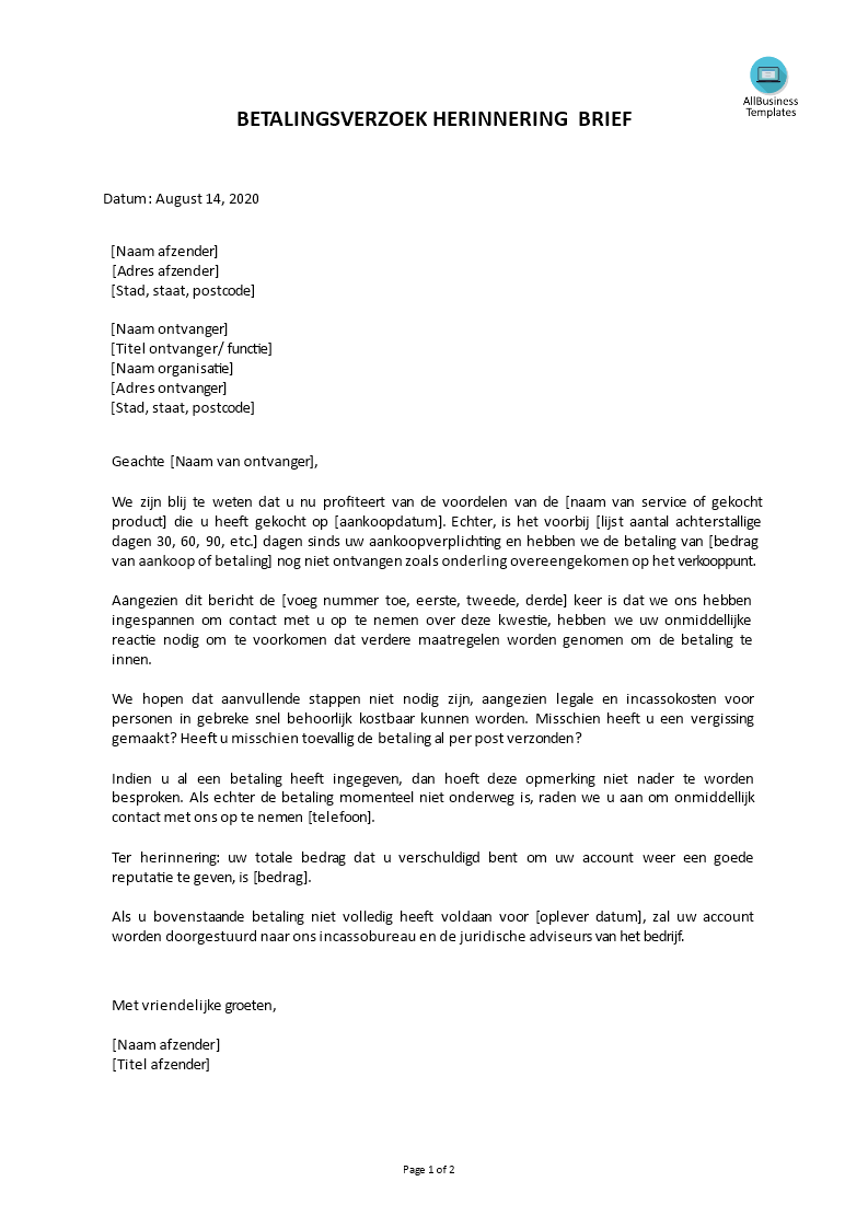 betalingsverzoek achterstallige betaling modèles