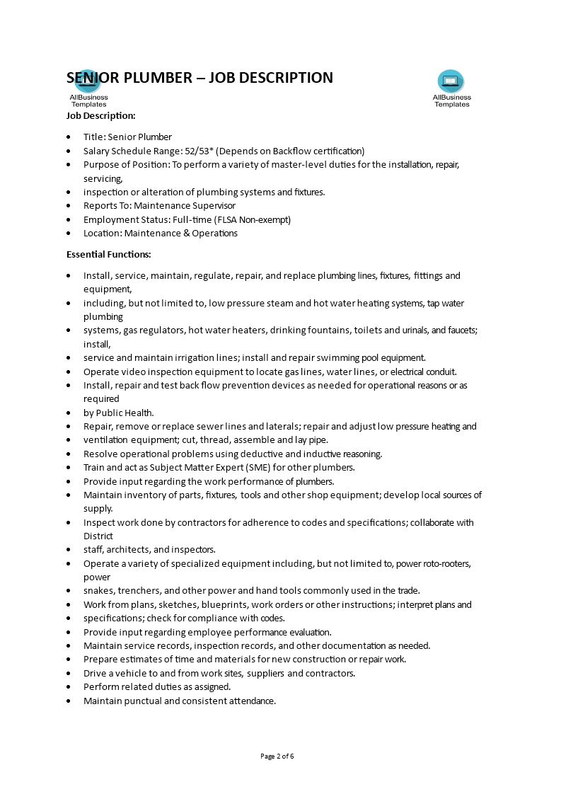 senior plumber job description modèles