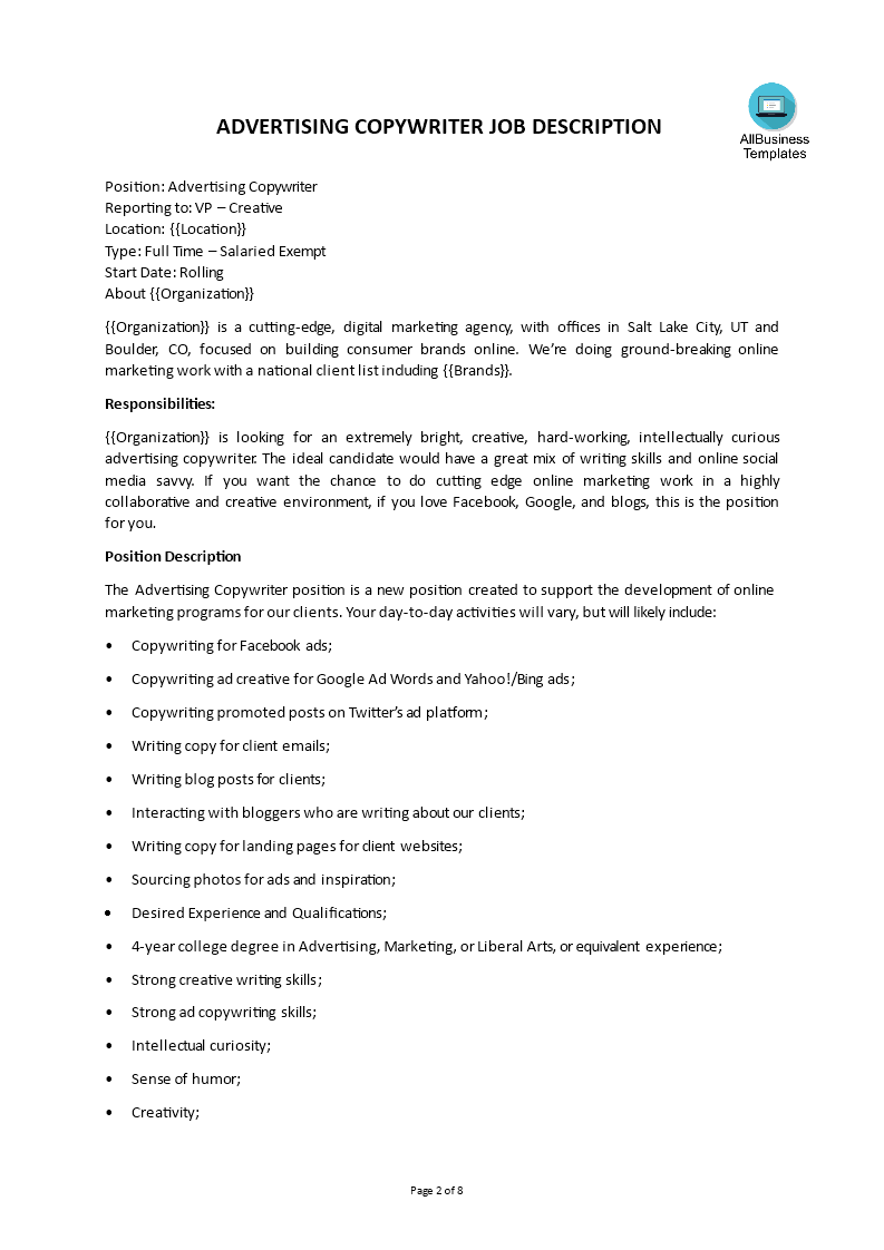 advertising copywriter job description modèles