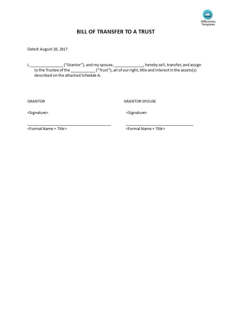 bill of transfer to a trust template