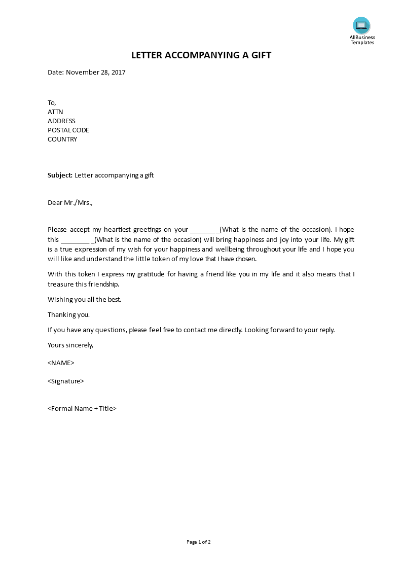 letter accompanying a gift template