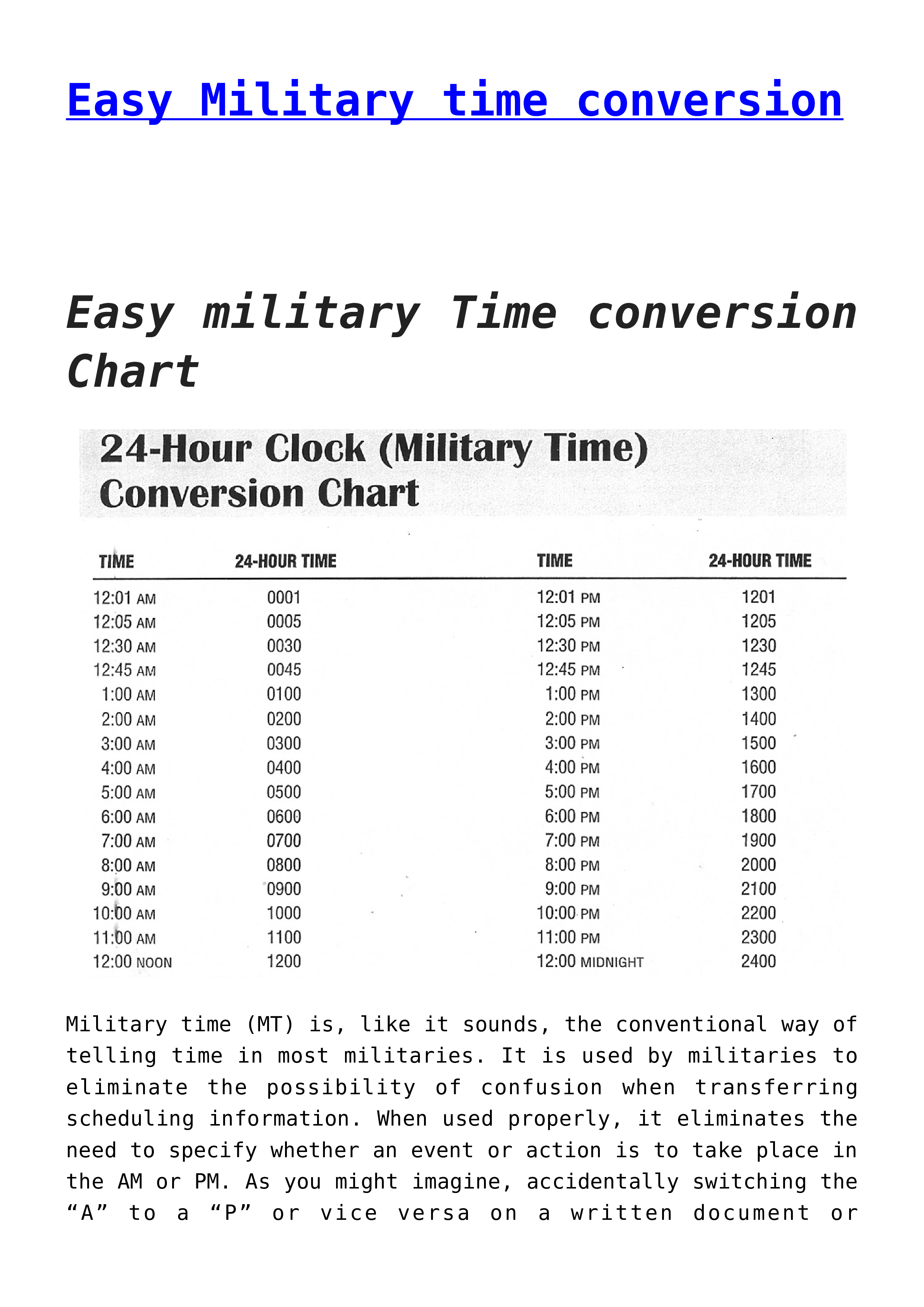 Military Hour Conversion Chart