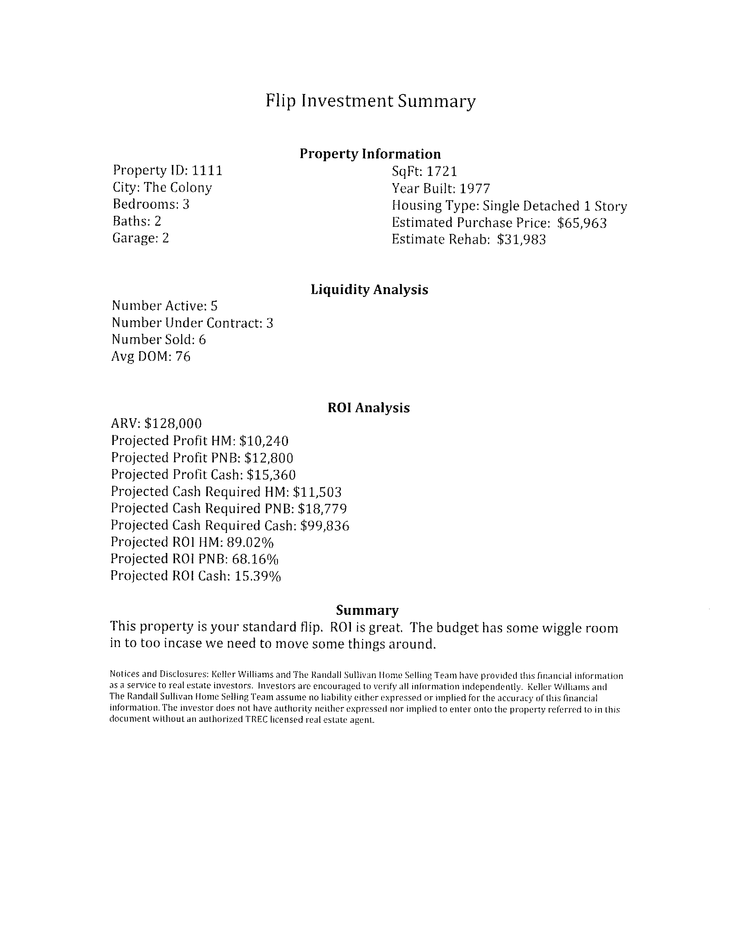 Flip Investment Summary 模板