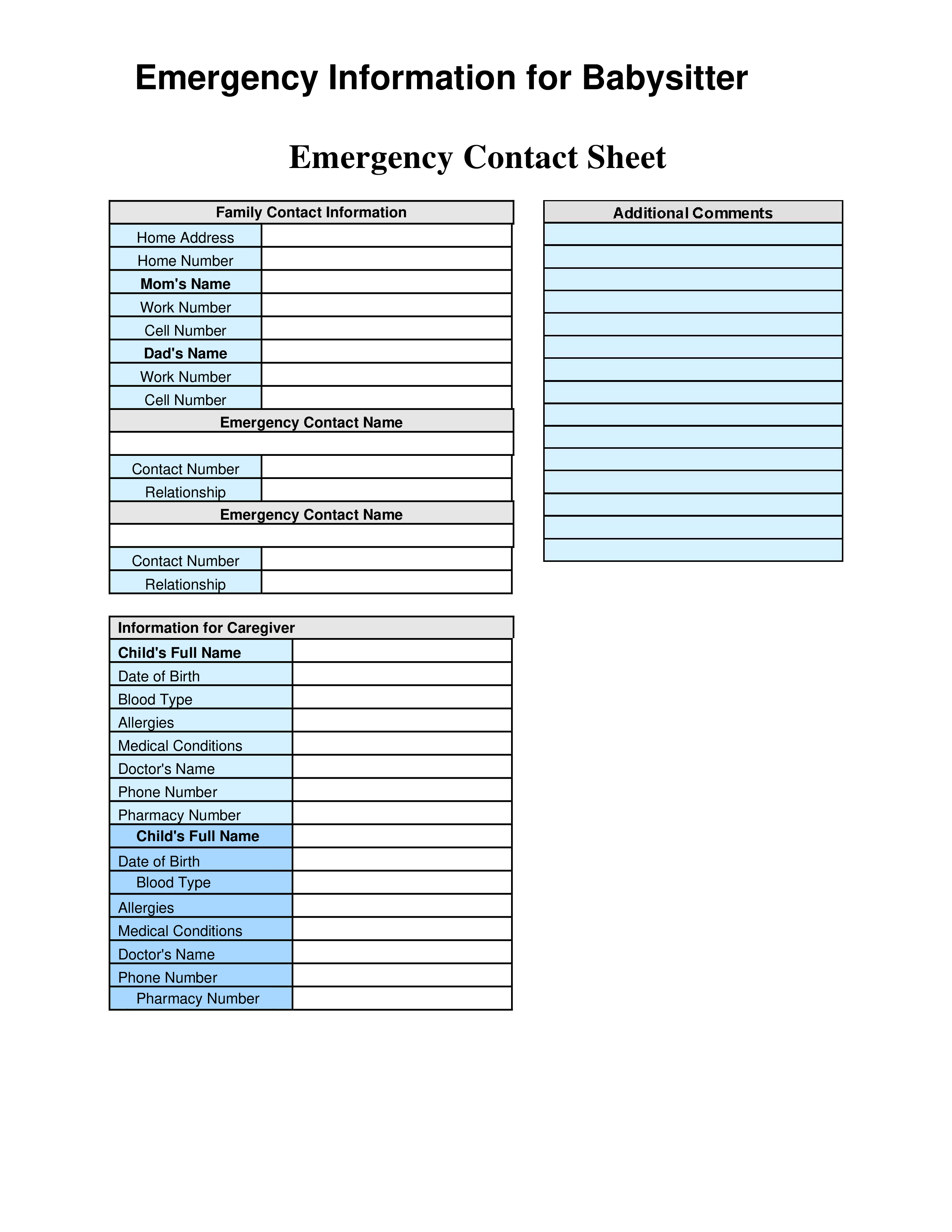 babysitter contact information sheet Hauptschablonenbild