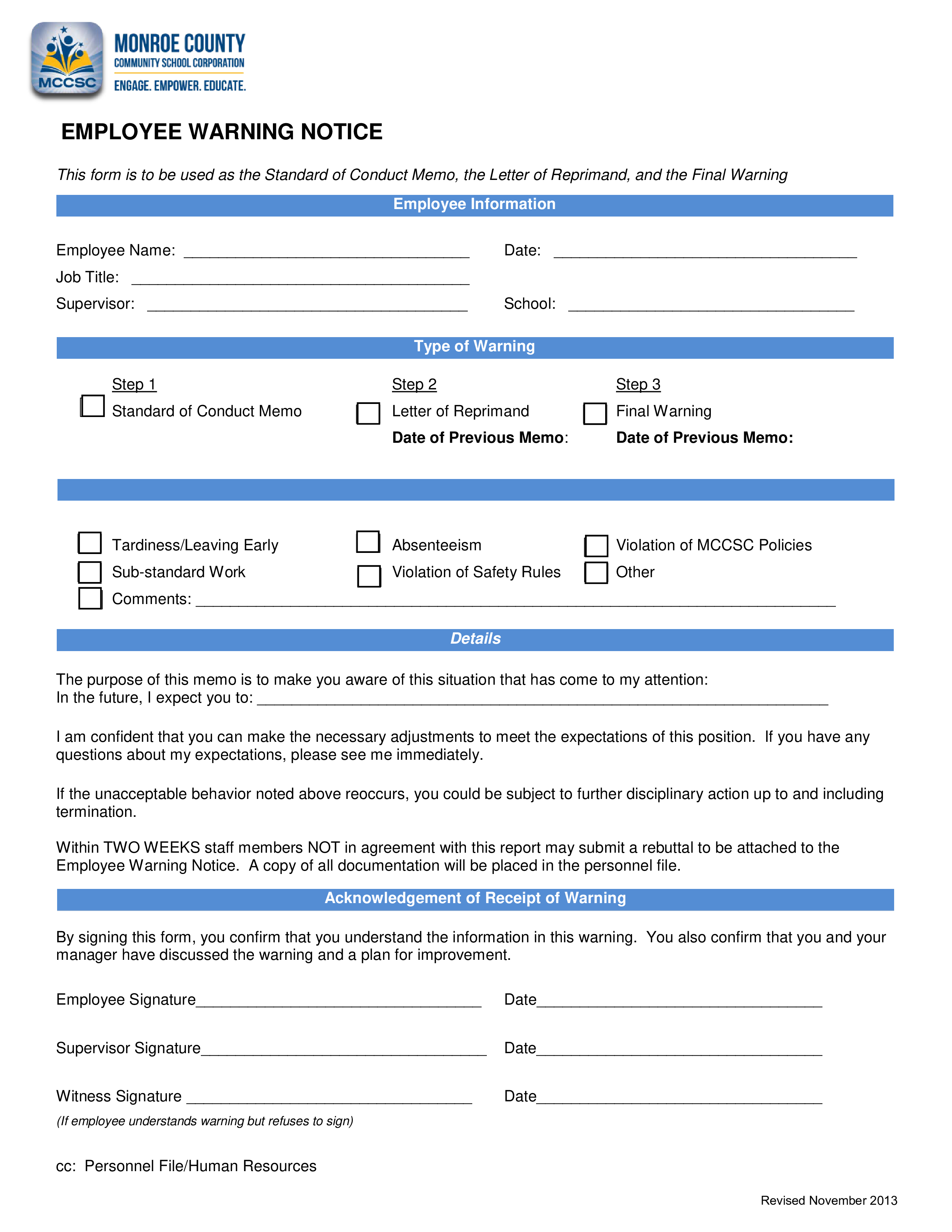 Standard Employee Warning Notice Templates at