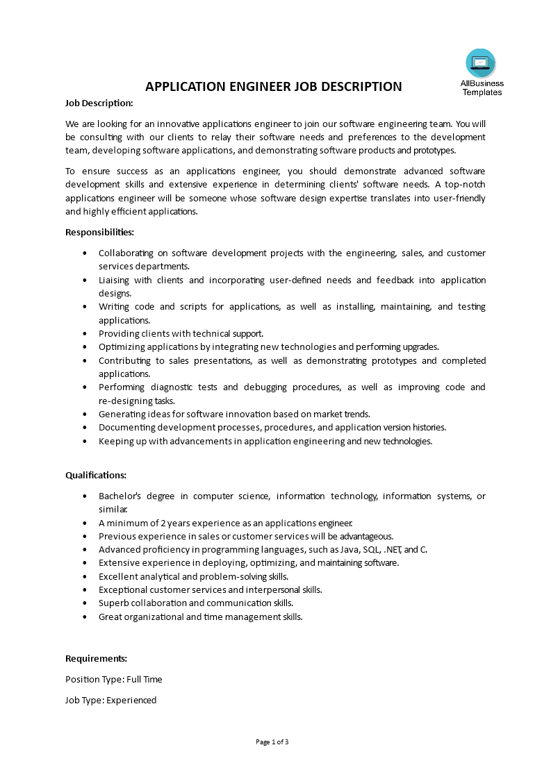 application engineer job description modèles