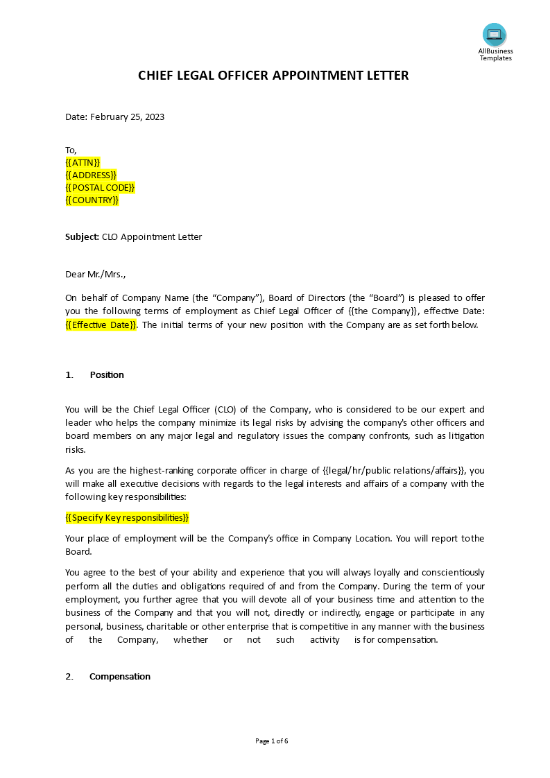 chief legal officer (clo) appointment letter template