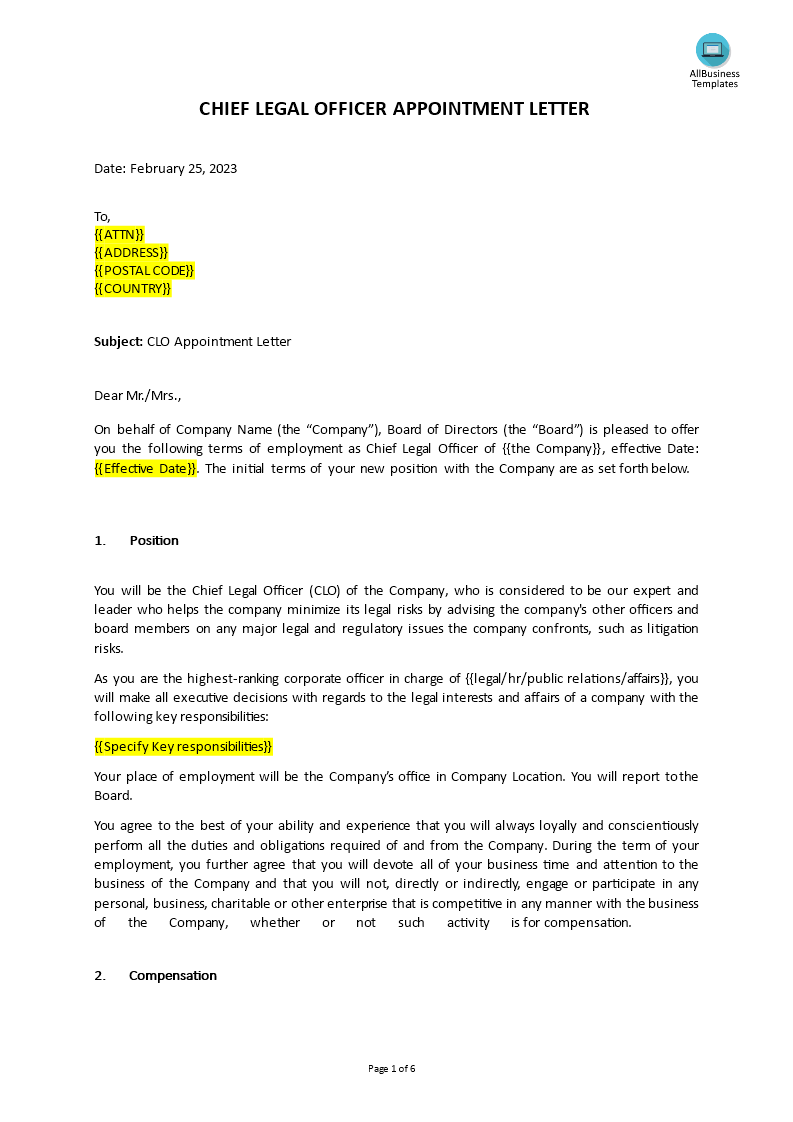 chief legal officer (clo) appointment letter plantilla imagen principal