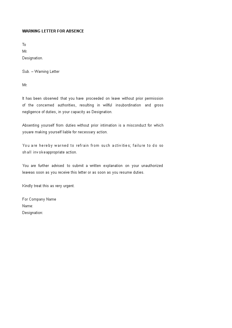 Kostenloses Absence Warning Letter Format