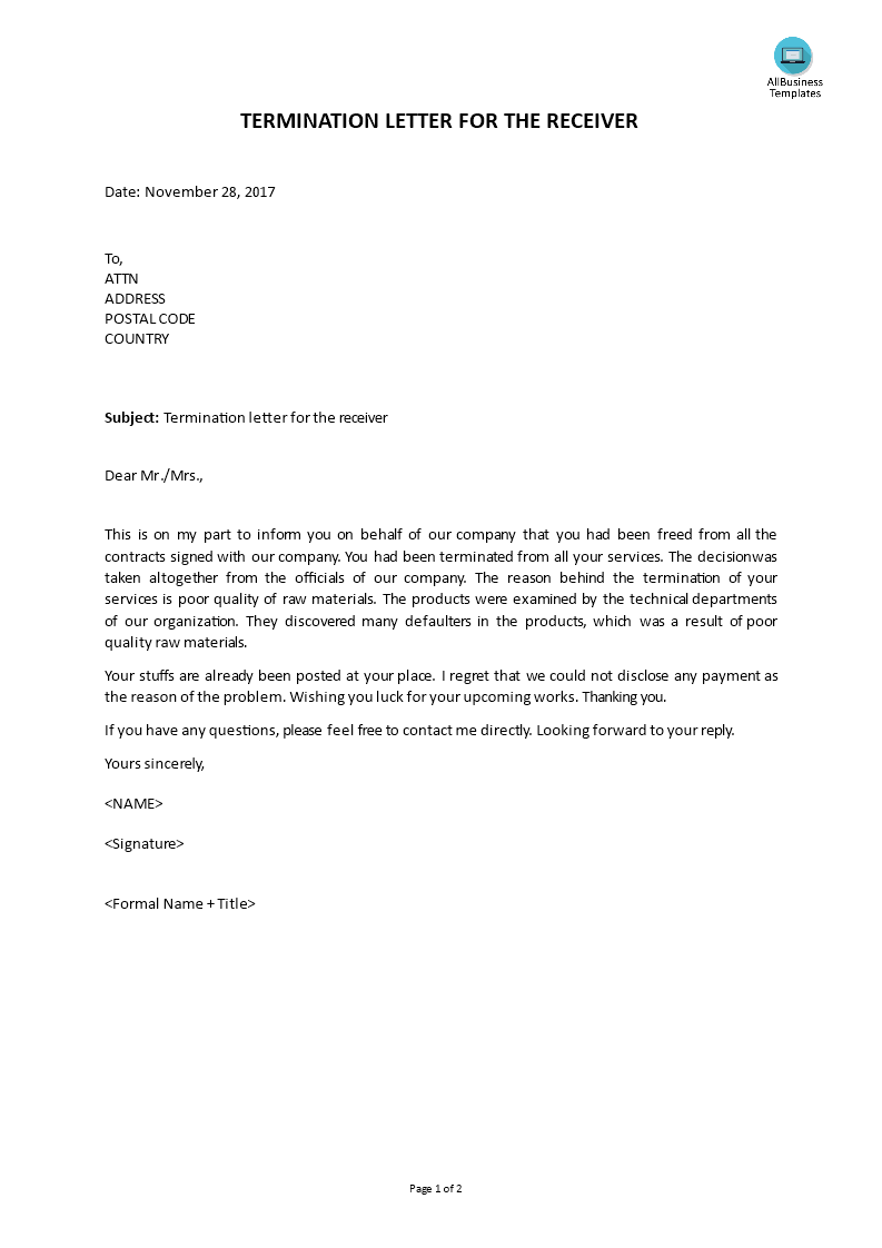 sales termination letter template