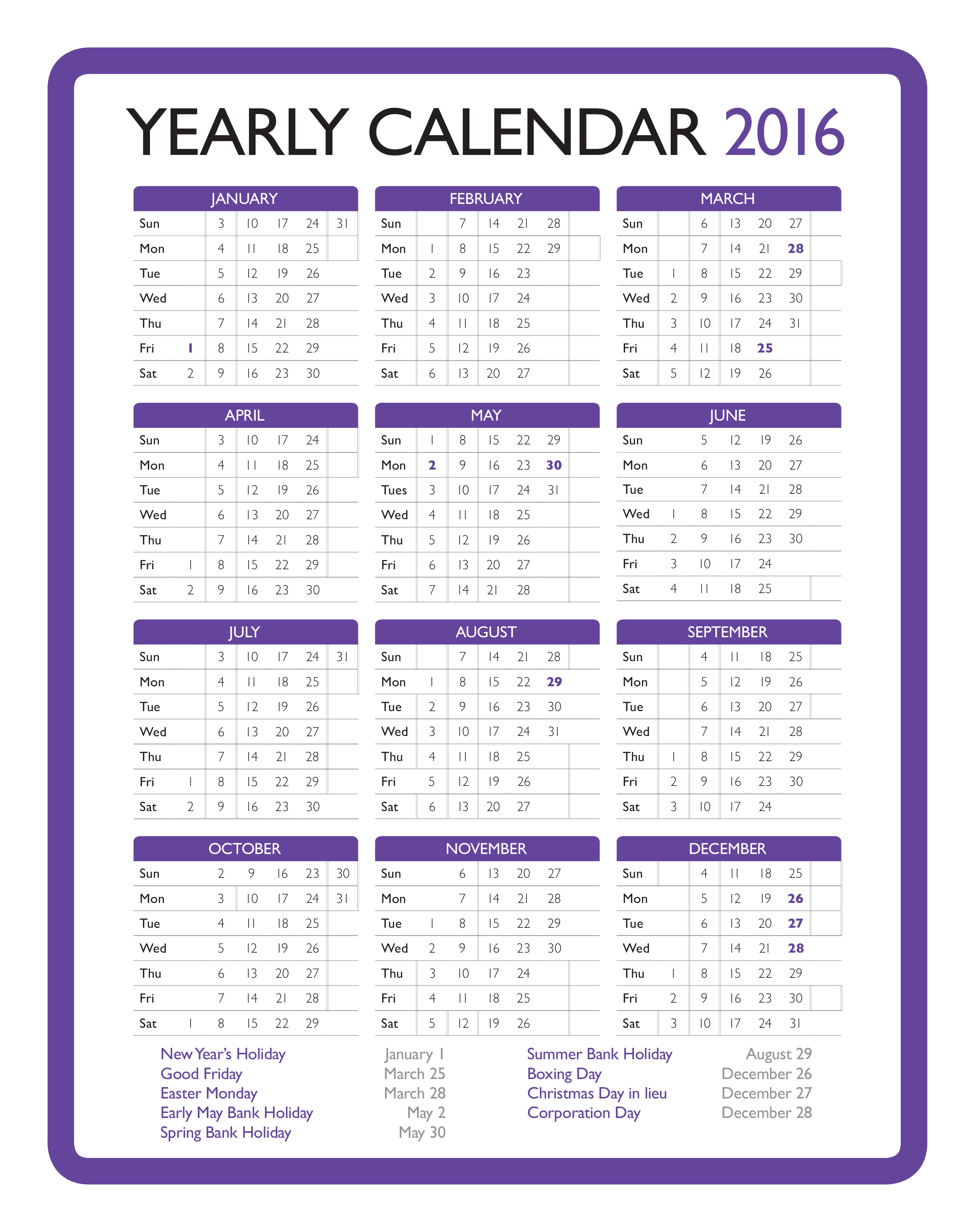 免费 Printable Yearly Calendar 样本文件在