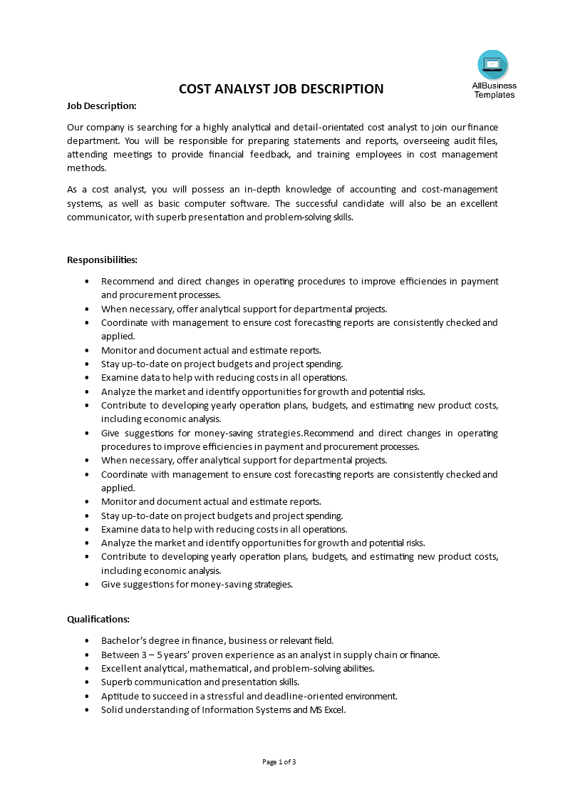 Cost Analyst Job Description main image