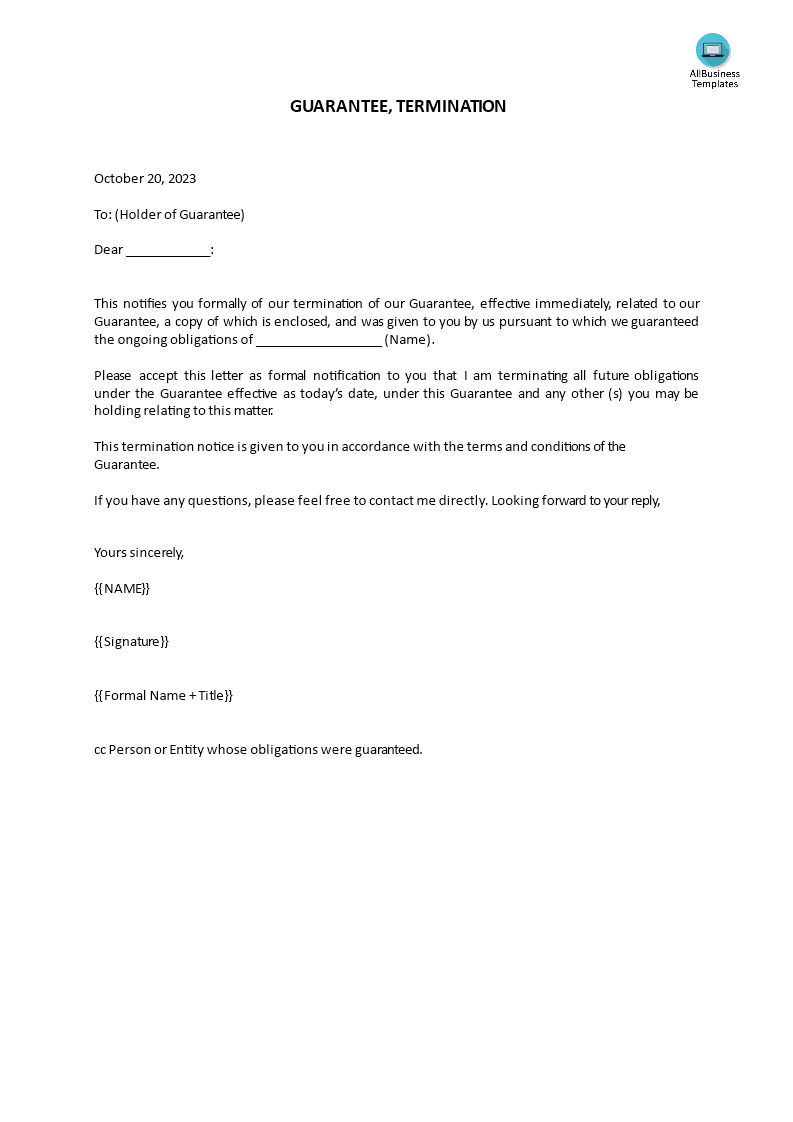 termination of guarantee letter Hauptschablonenbild