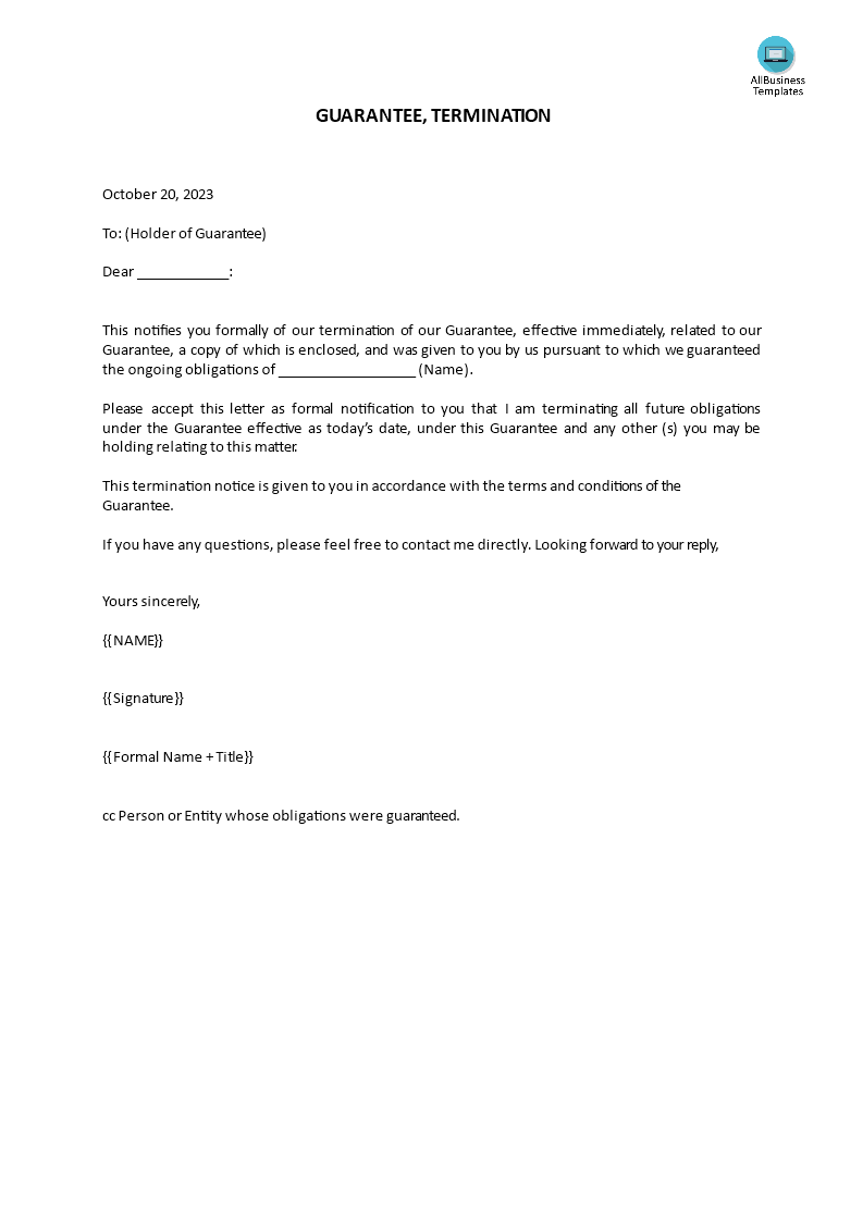 termination of guarantee letter modèles