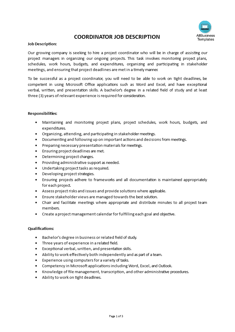 coordinator job description voorbeeld afbeelding 