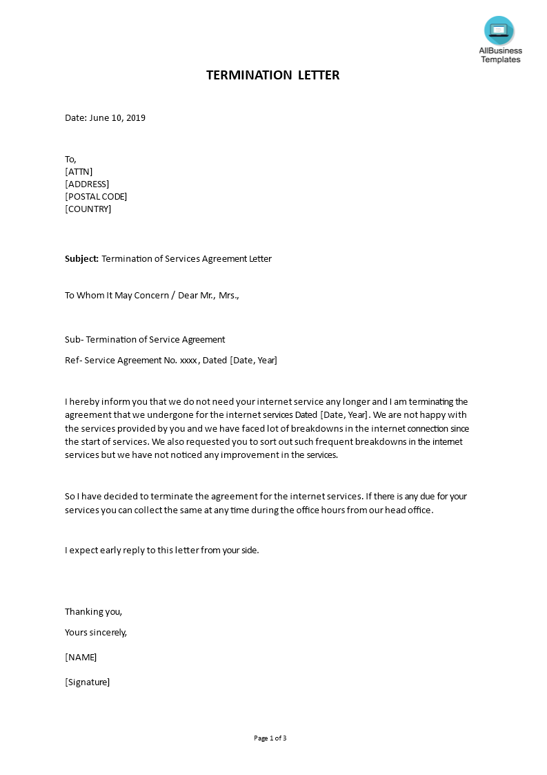 termination of services agreement letter example template