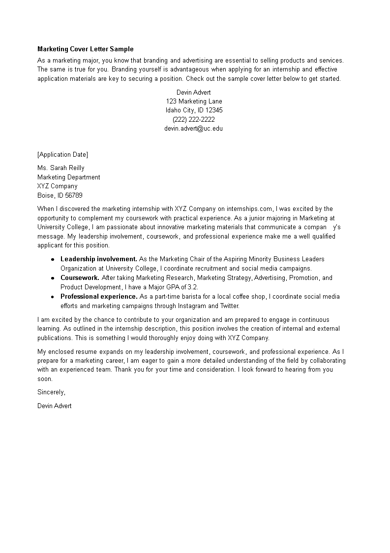marketing internship request letter template