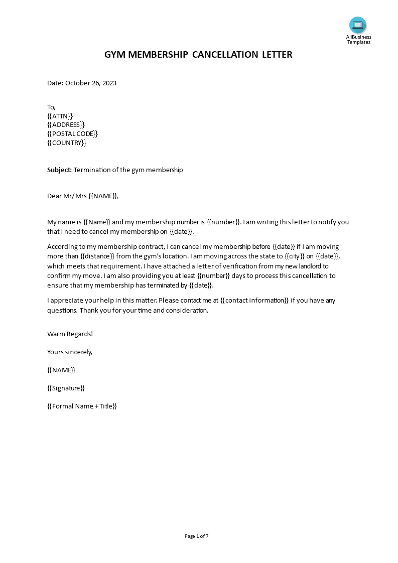 gym membership termination letter Hauptschablonenbild