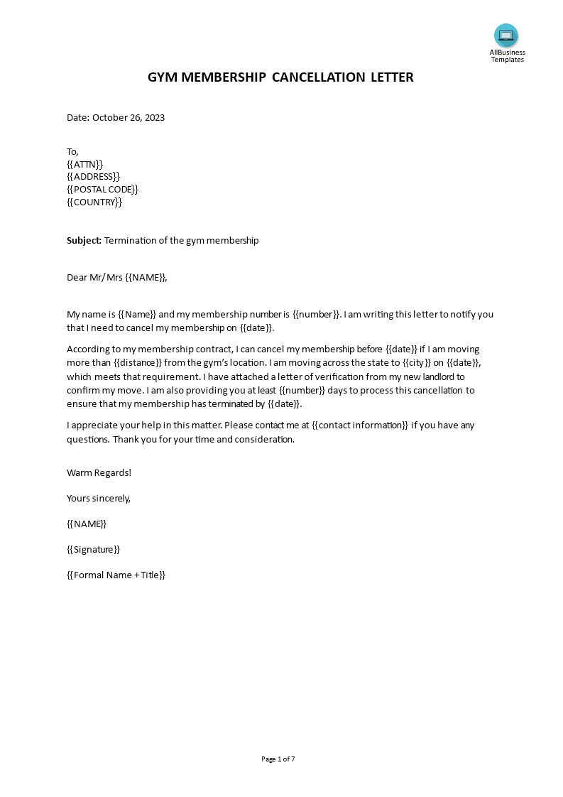 Gym Membership Termination Letter main image