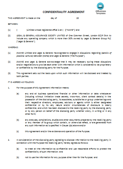 Legal Confidentiality Agreement Word 模板