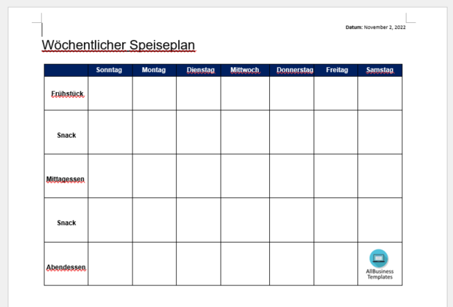 essensplanungskalender template