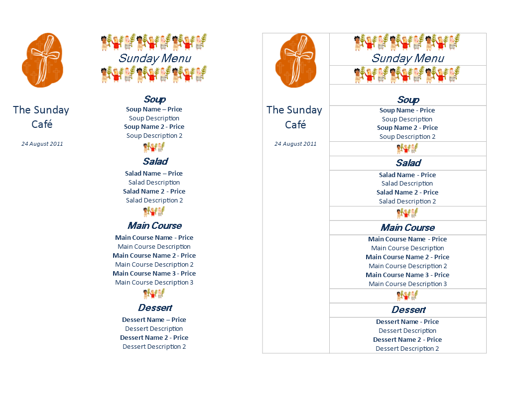 sunday cafe menu template