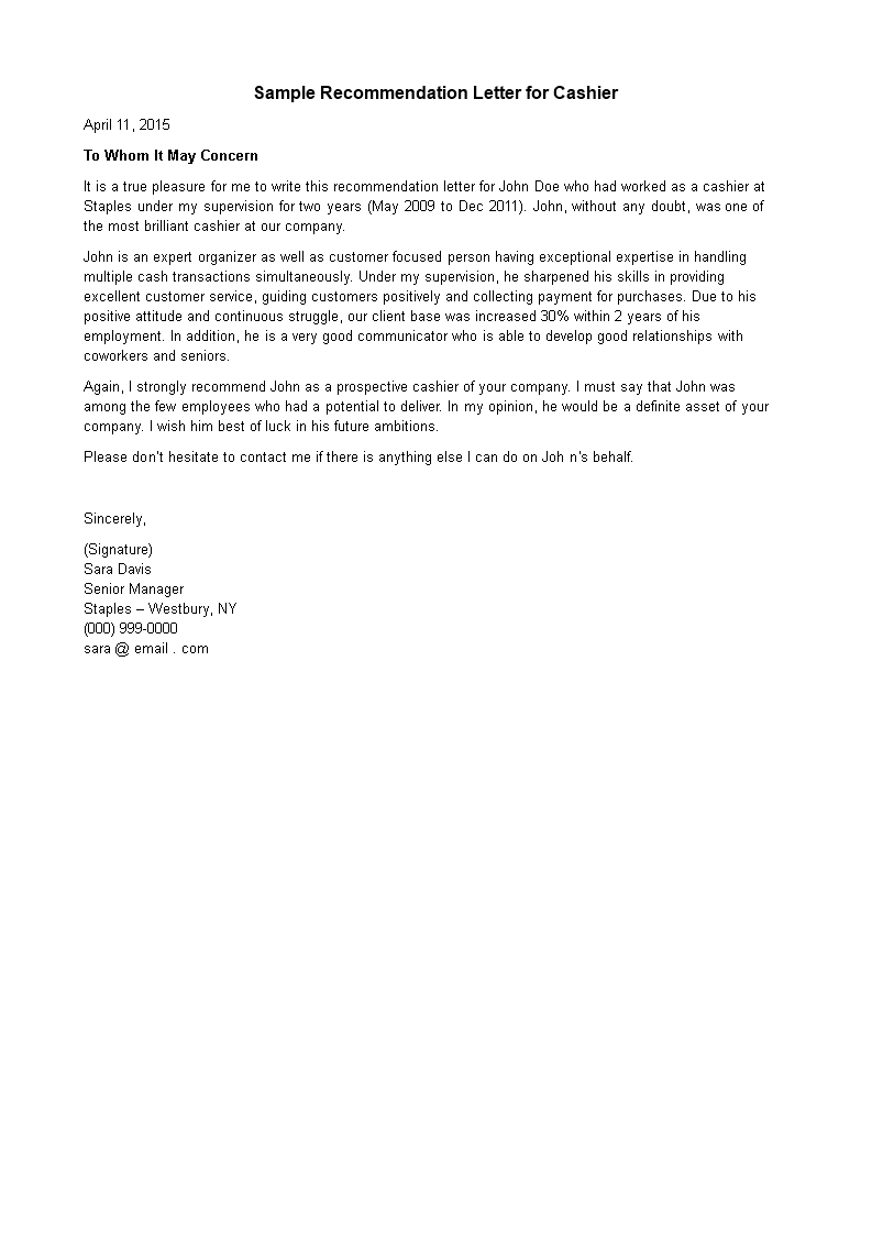 Sample Recommendation Letter For Cashier | Templates at ...