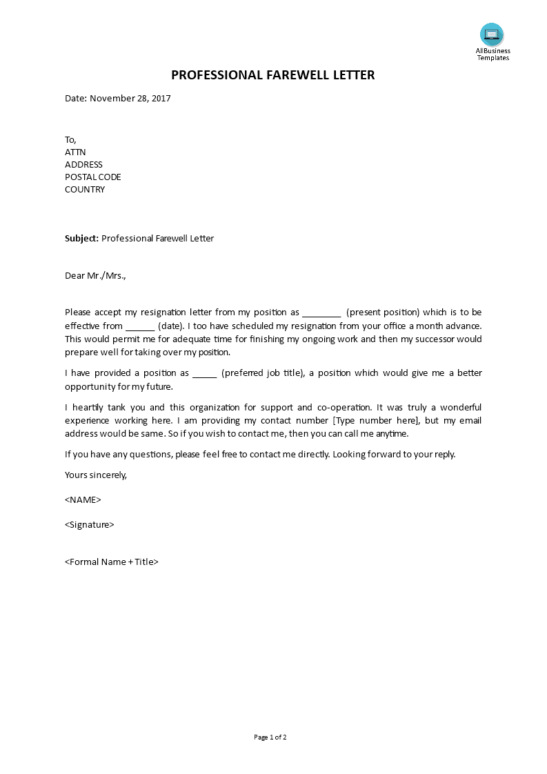 professional farewell letters template