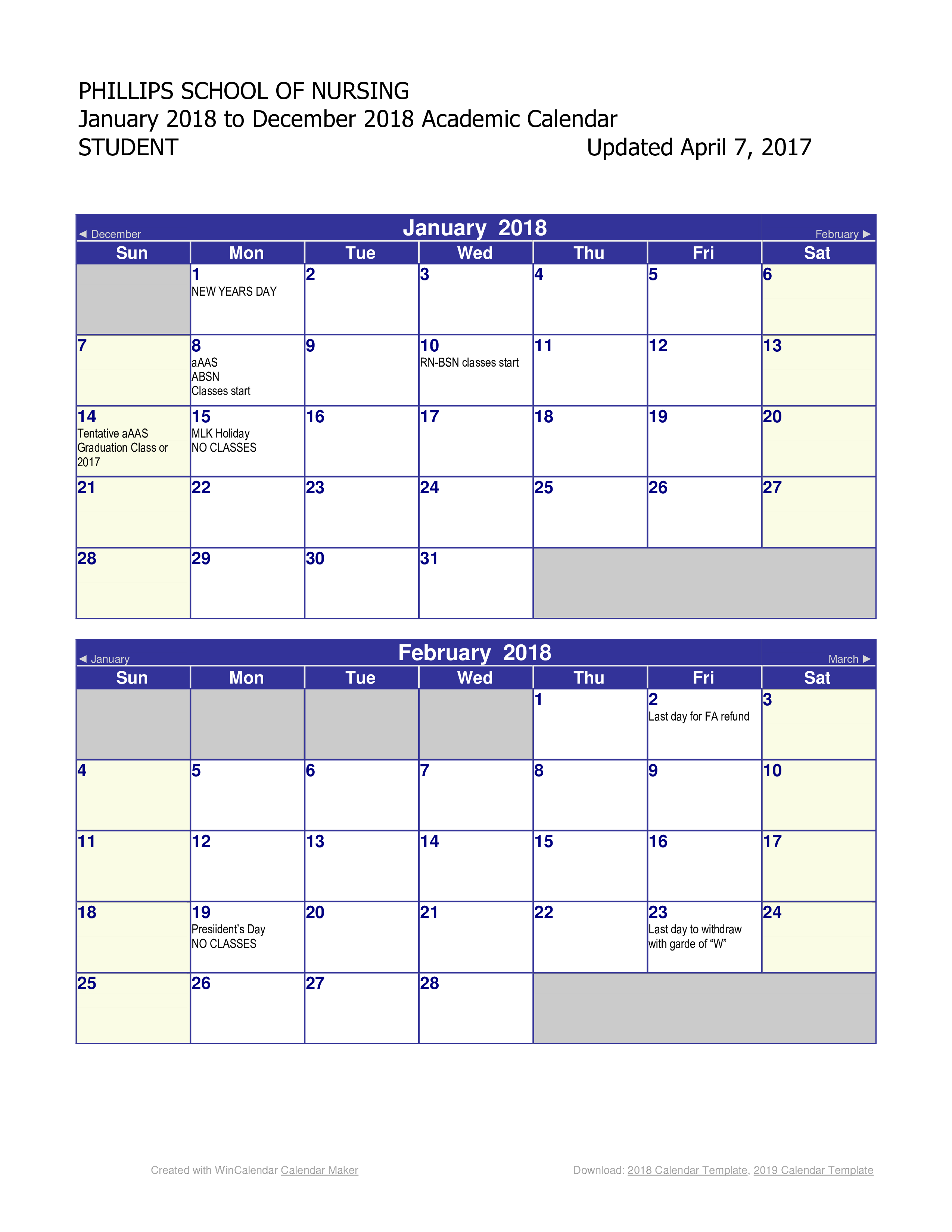 Student Academic Calendar 2018 main image