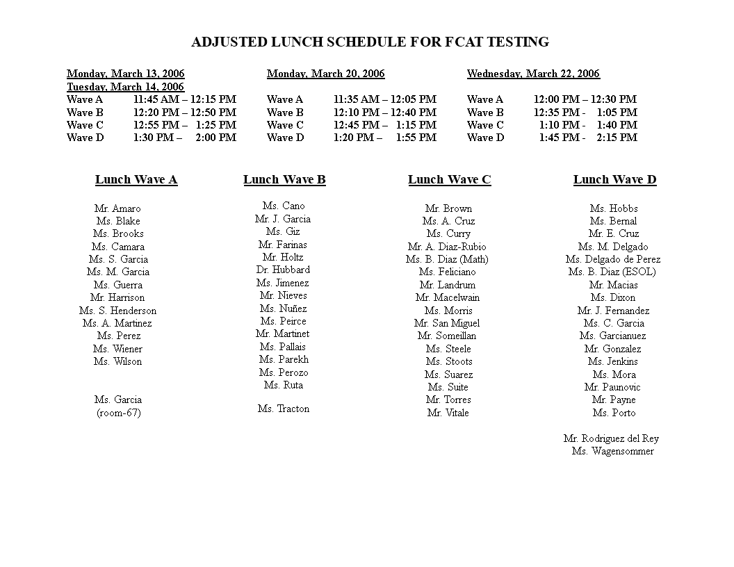 Tentative Testing Lunch Schedule main image