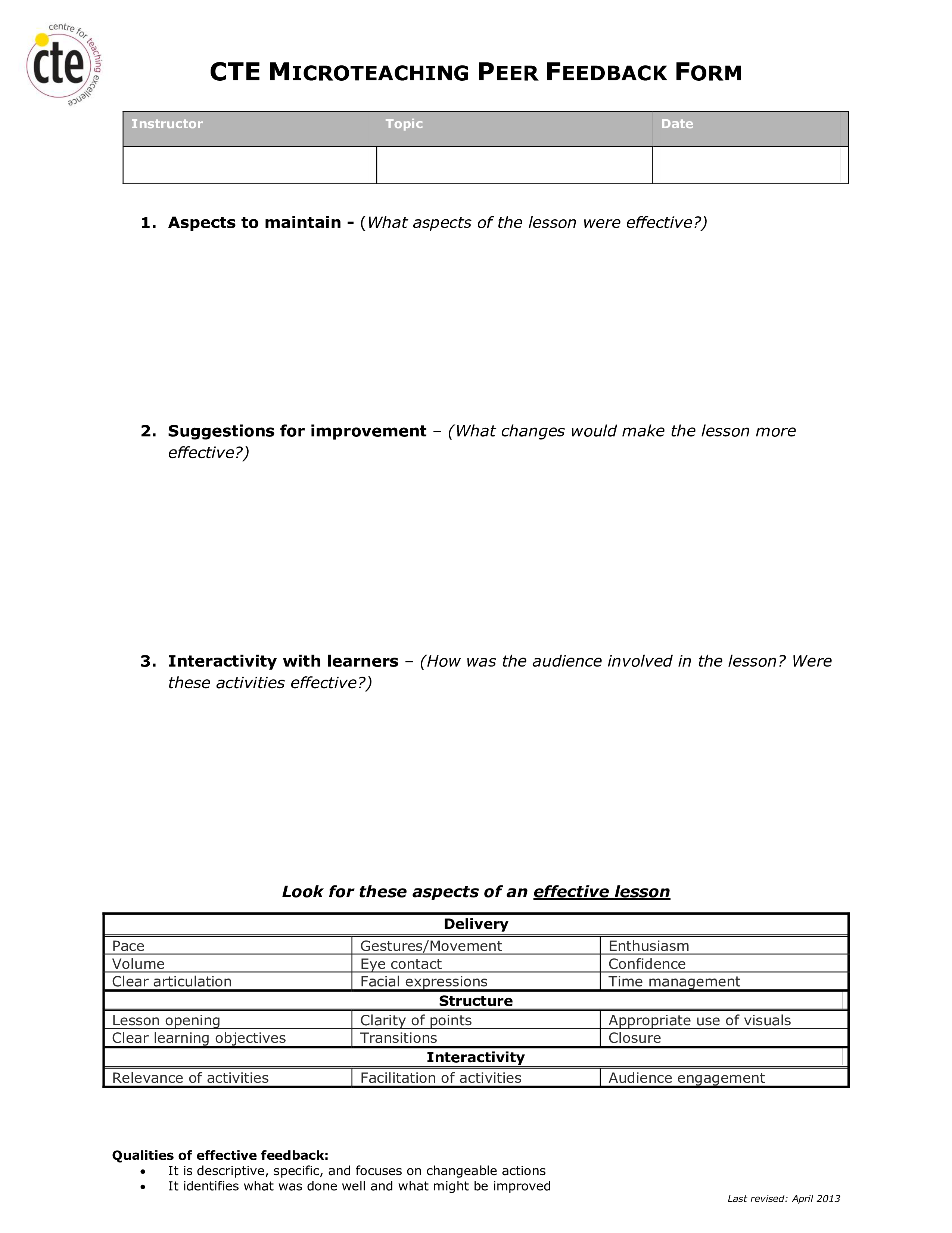 cte microteaching peer feedback form template