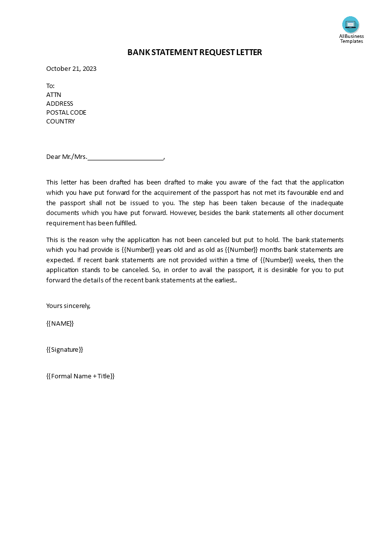 bank statement request letter Hauptschablonenbild