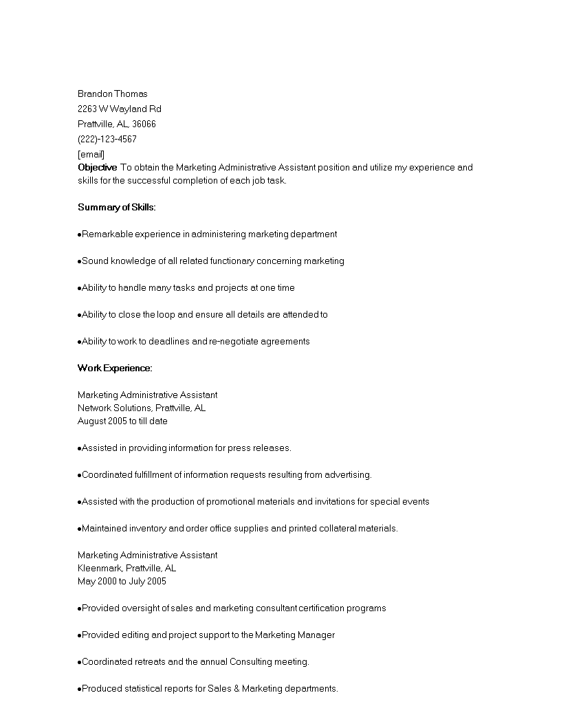 administrative marketing assistant resume modèles