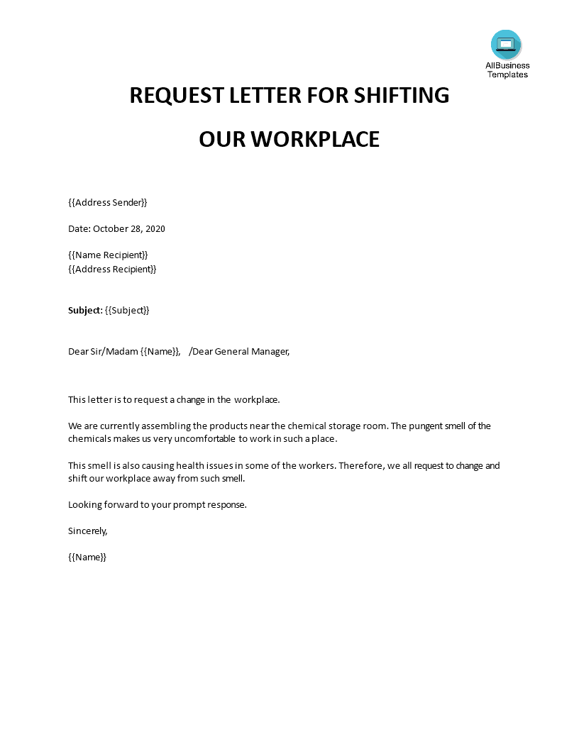 request letter for shifting workplace voorbeeld afbeelding 