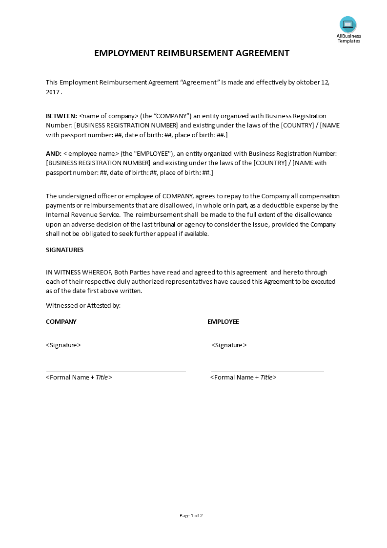 Employment Reimbursement Agreement Templates At Allbusinesstemplates
