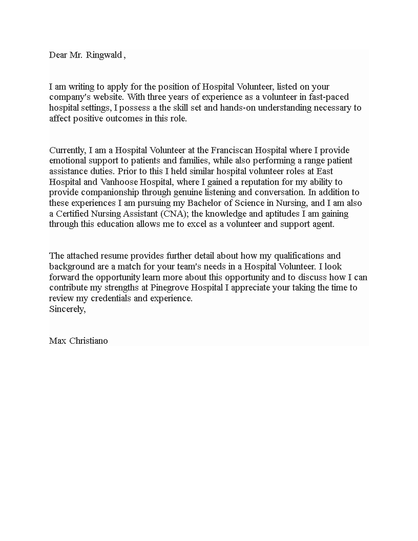 job application letter hospital volunteer template