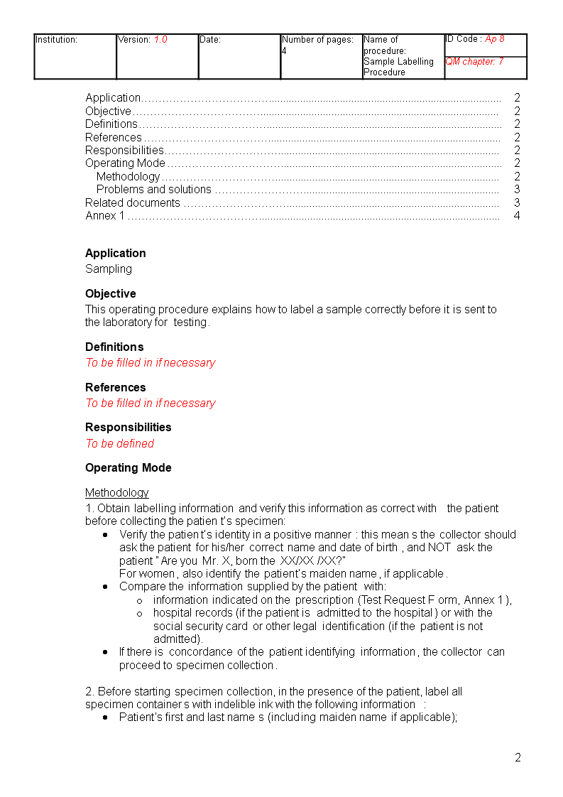 Sample Labelling Laboratory SOP Templates at