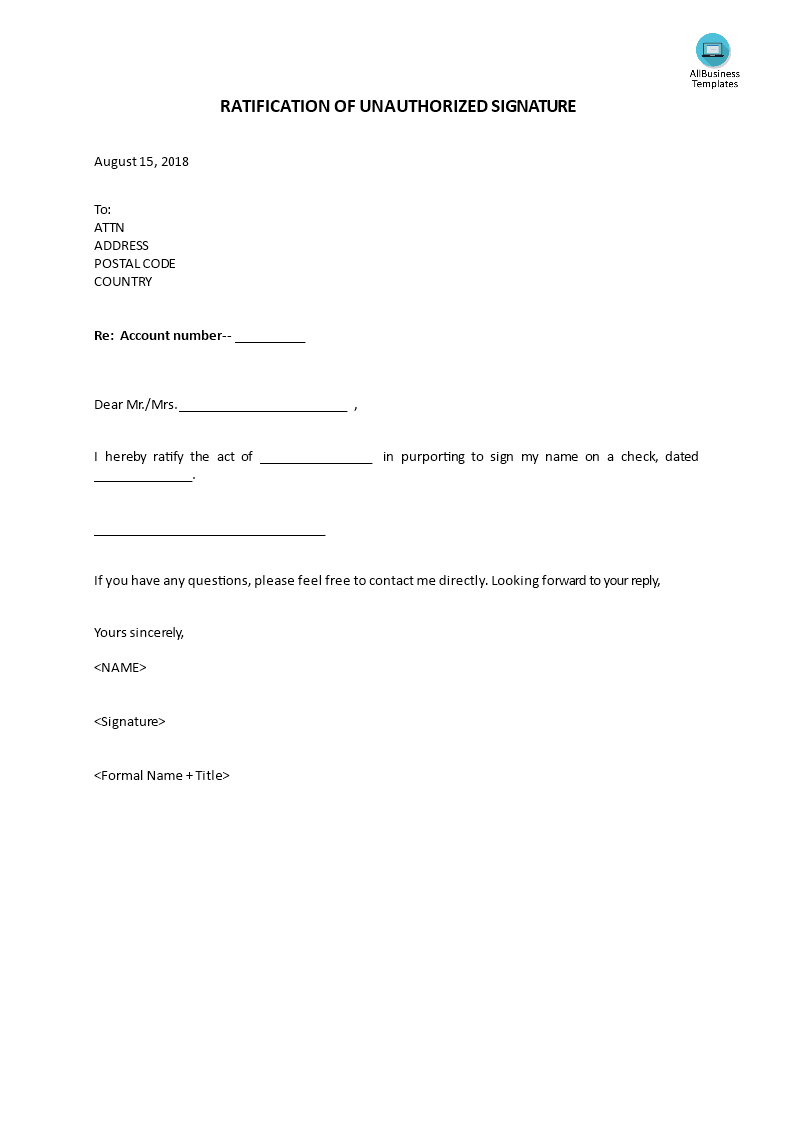 ratification of unauthorized signature voorbeeld afbeelding 